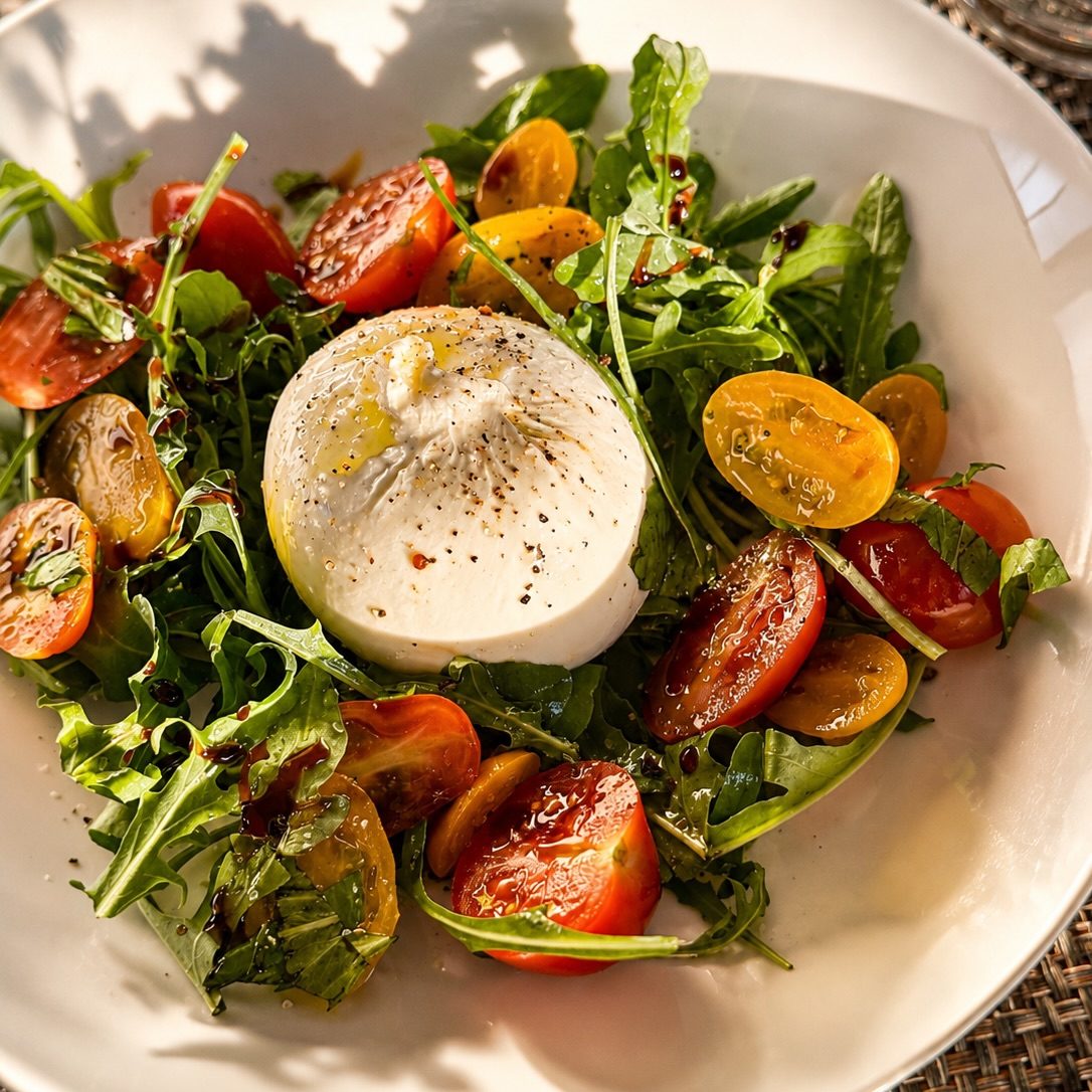 Burrata with cherry tomatoes, rocket and balsamic