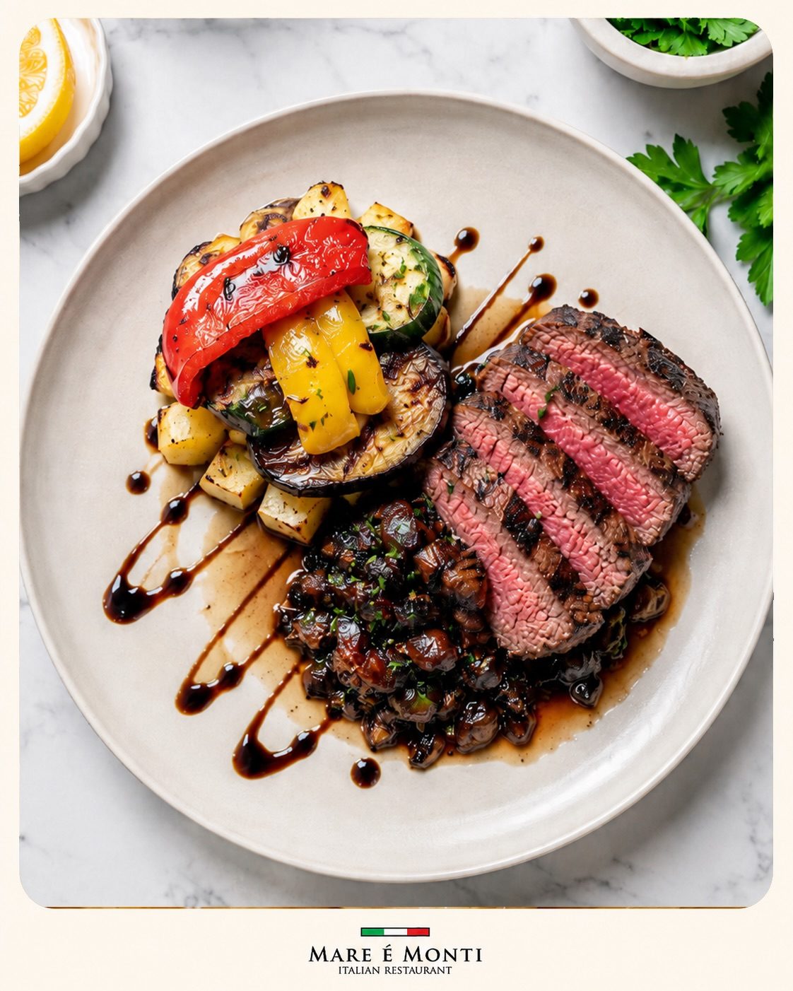 Grilled beef fillet with vegetables and balsamic